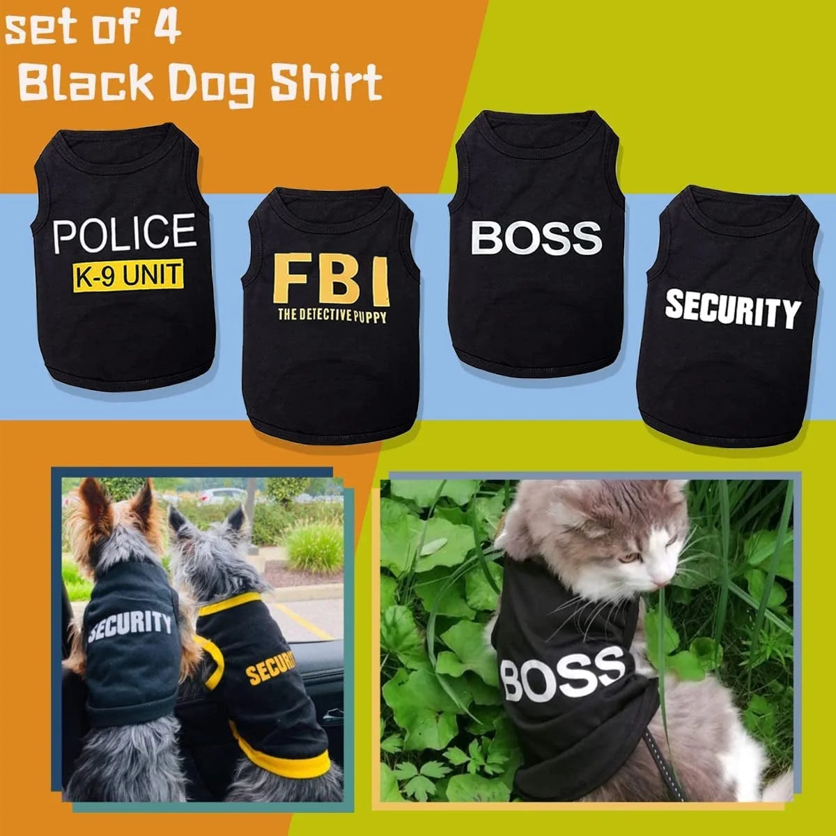 4 Pack Dog Shirts for Small Dog, Breathable Pet T-Shirts Summer Clothes K9 Security Boss FBI Vest for Puppy Boy Girl